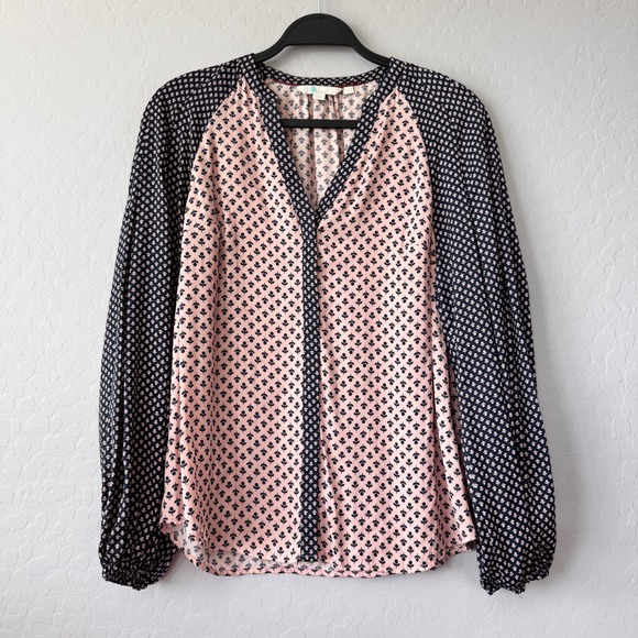 Boden Women's Pink Navy Blue Blouse Long Sleeve Leaf Print V Neck US 4 UK 8 - Picture 1 of 6